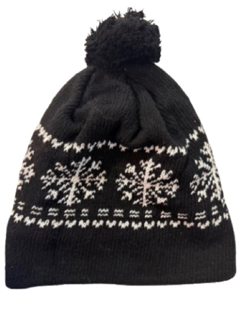 Black Pom Pom Knit Beanie with White Snowflake Pattern